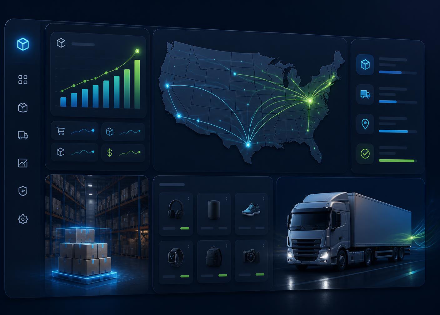 Smart Nest Pvt Ltd warehouse dashboard showing US shipping routes, live order analytics, and same-day fulfillment